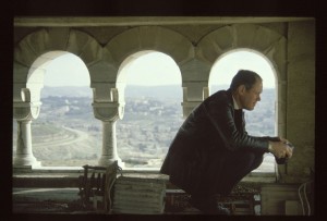Kent Brown taking photos, in the Augusta Victoria tower, Mount Scopus. 