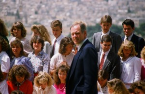 Kent Brown with BYU students, on the balcony of the BYU Jerusalem Center, 1988. 